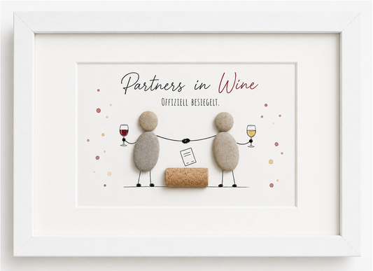 Kieselsteinbild Partners in Wine offiziell besiegelt – Geschenk für Weinliebhaber-Duos, handgemachtes Steinbild