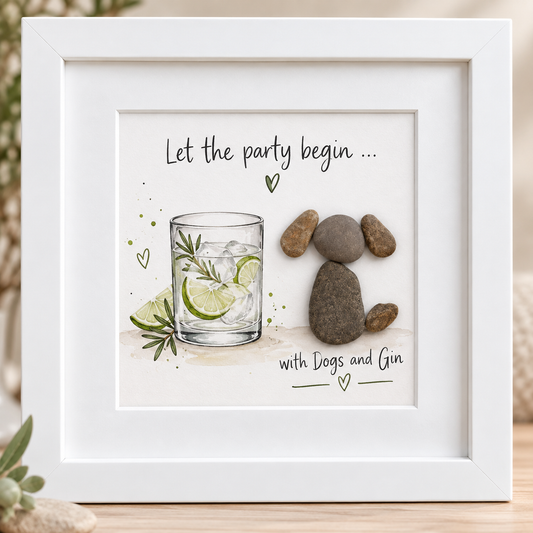 Kieselsteinbild Hund aus Kieselsteinen neben Gin-Glas mit Limette „Let the party begin ... with Dogs and Gin.“ – Geschenk für Hunde- und Gin-Fans, handgemachtes Steinbild