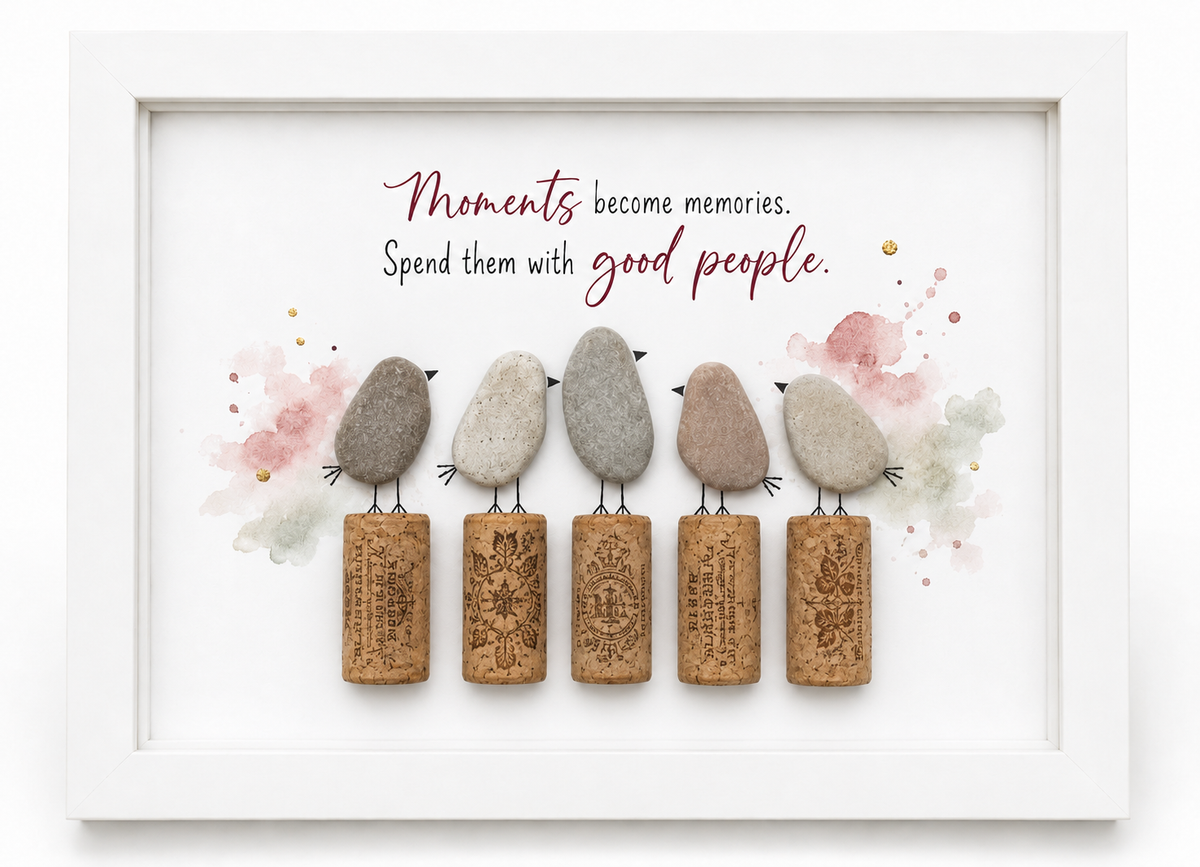 Kieselsteinbild Moments become memories spend them with good people – Geschenk für Weinliebhaber, handgemachtes Steinbild