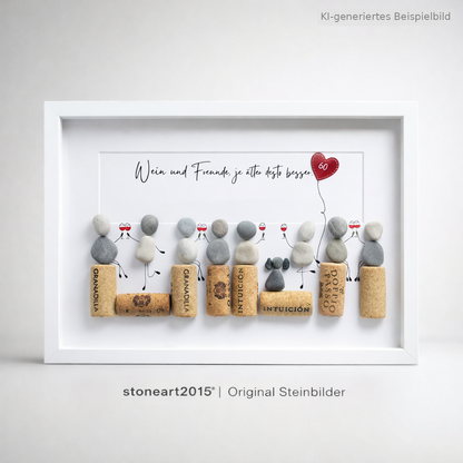 Kieselsteinbild Wein und Freunde – Geschenk für Weinliebhaber, handgemachtes Steinbild