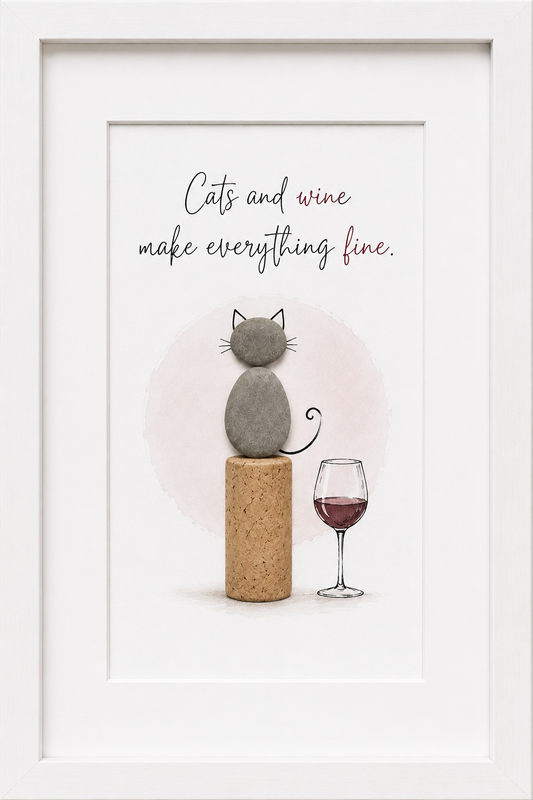 Kieselsteinbild Cats and wine make everything fine – Geschenk für Weinliebhaber, handgemachtes Steinbild