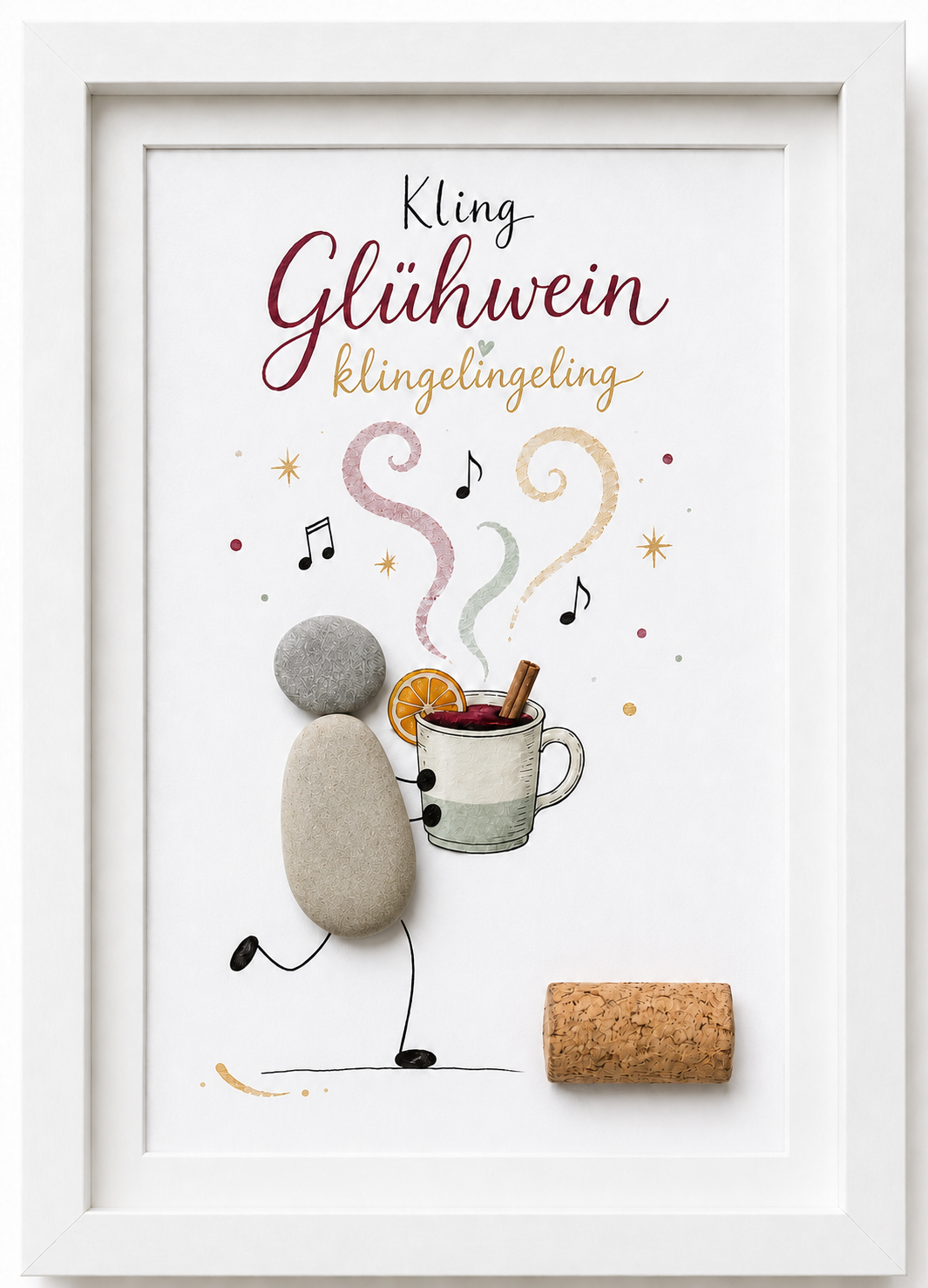 Kieselsteinbild Kling Glühwein klingelingeling – Weihnachtsgeschenk für Glühweinliebhaber, handgemachtes Steinbild