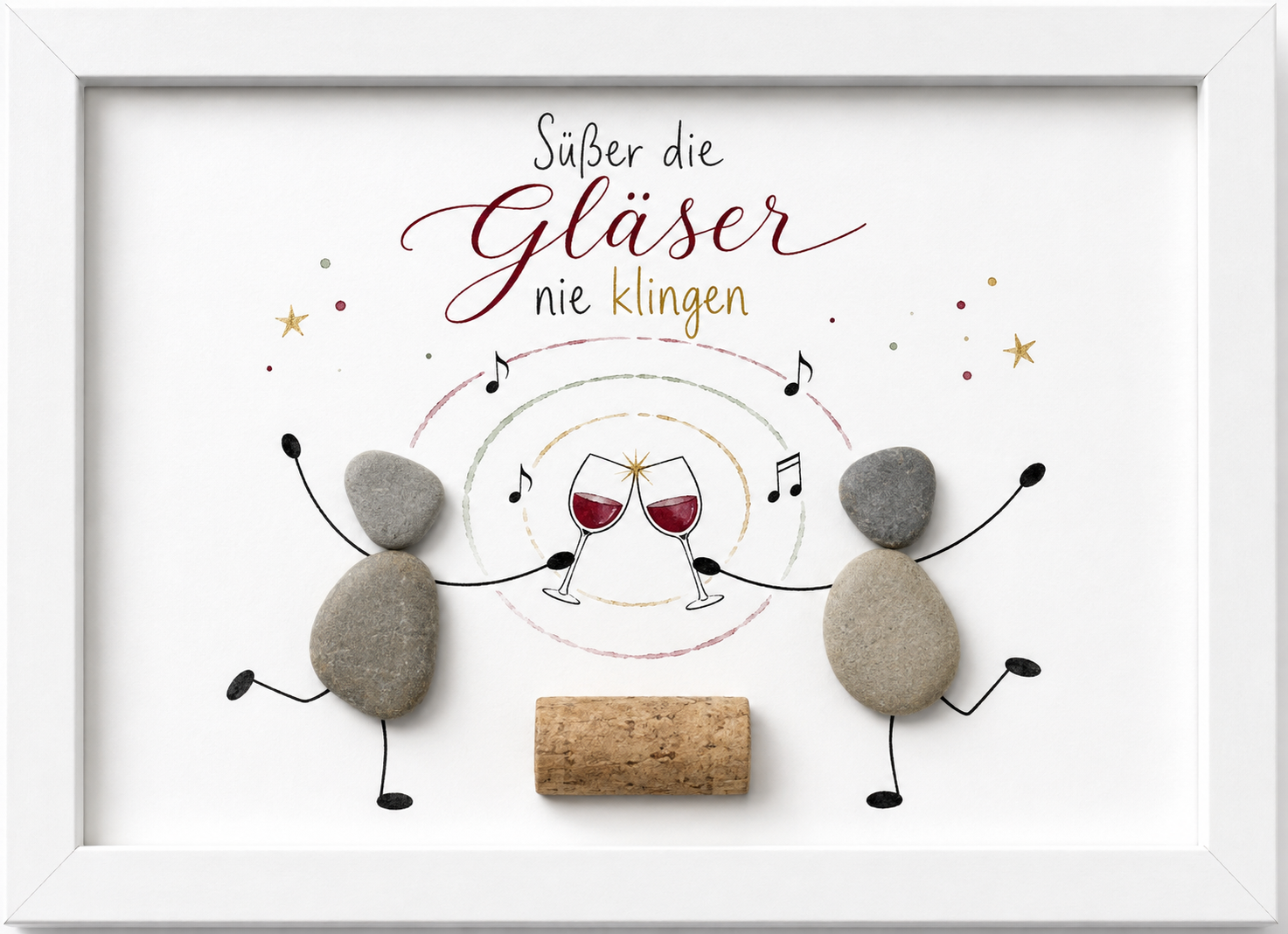 Kieselsteinbild Süßer die Gläser nie klingen – Weihnachtsgeschenk für Weinliebhaber, handgemachtes Steinbild