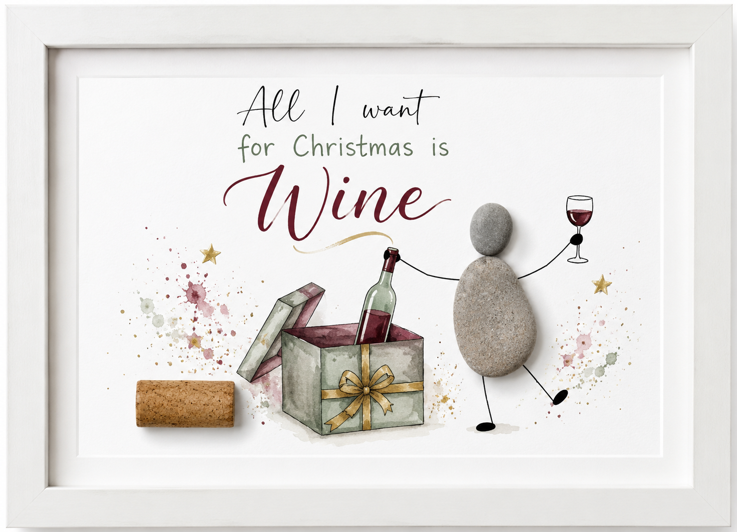 Kieselsteinbild All I want for Christmas is Wine – Weihnachtsgeschenk für Weinliebhaber, handgemachtes Steinbild