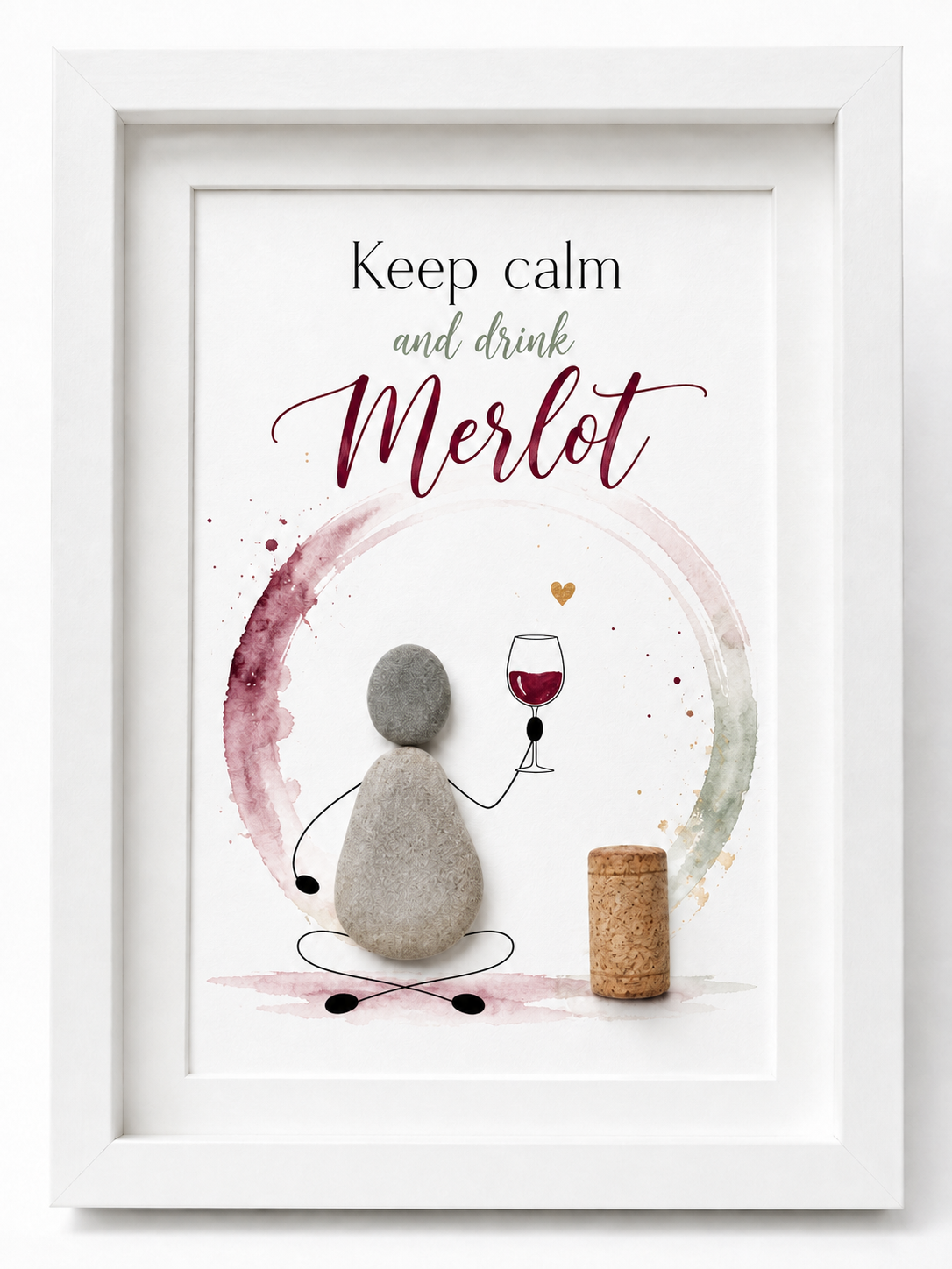 Kieselsteinbild Keep calm and drink Merlot – Geschenk für Weinliebhaber, handgemachtes Steinbild