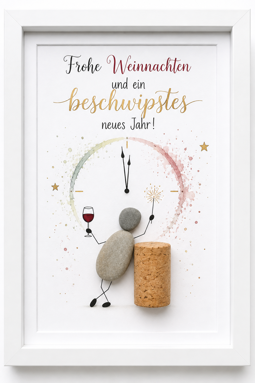 Kieselsteinbild Frohe Weinnachten und ein beschwipstes neues Jahr – Weihnachts- und Silvestergeschenk für Weinliebhaber, handgemachtes Steinbild