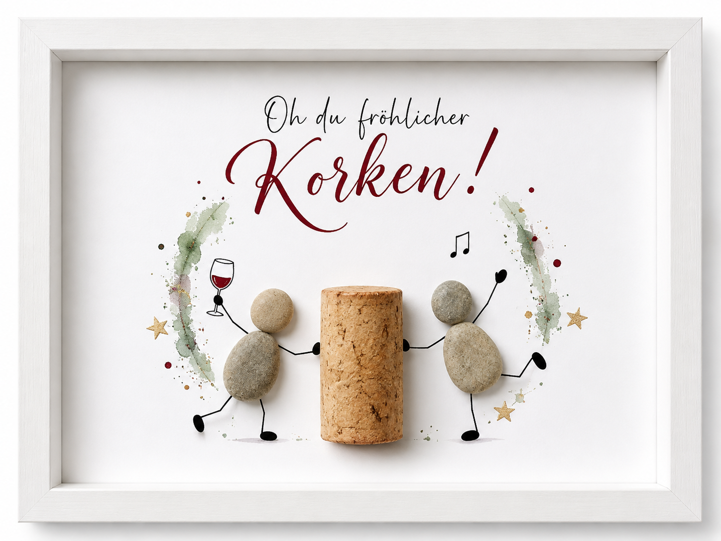 Kieselsteinbild Oh du fröhlicher Korken – Weihnachtsgeschenk für Weinliebhaber, handgemachtes Steinbild