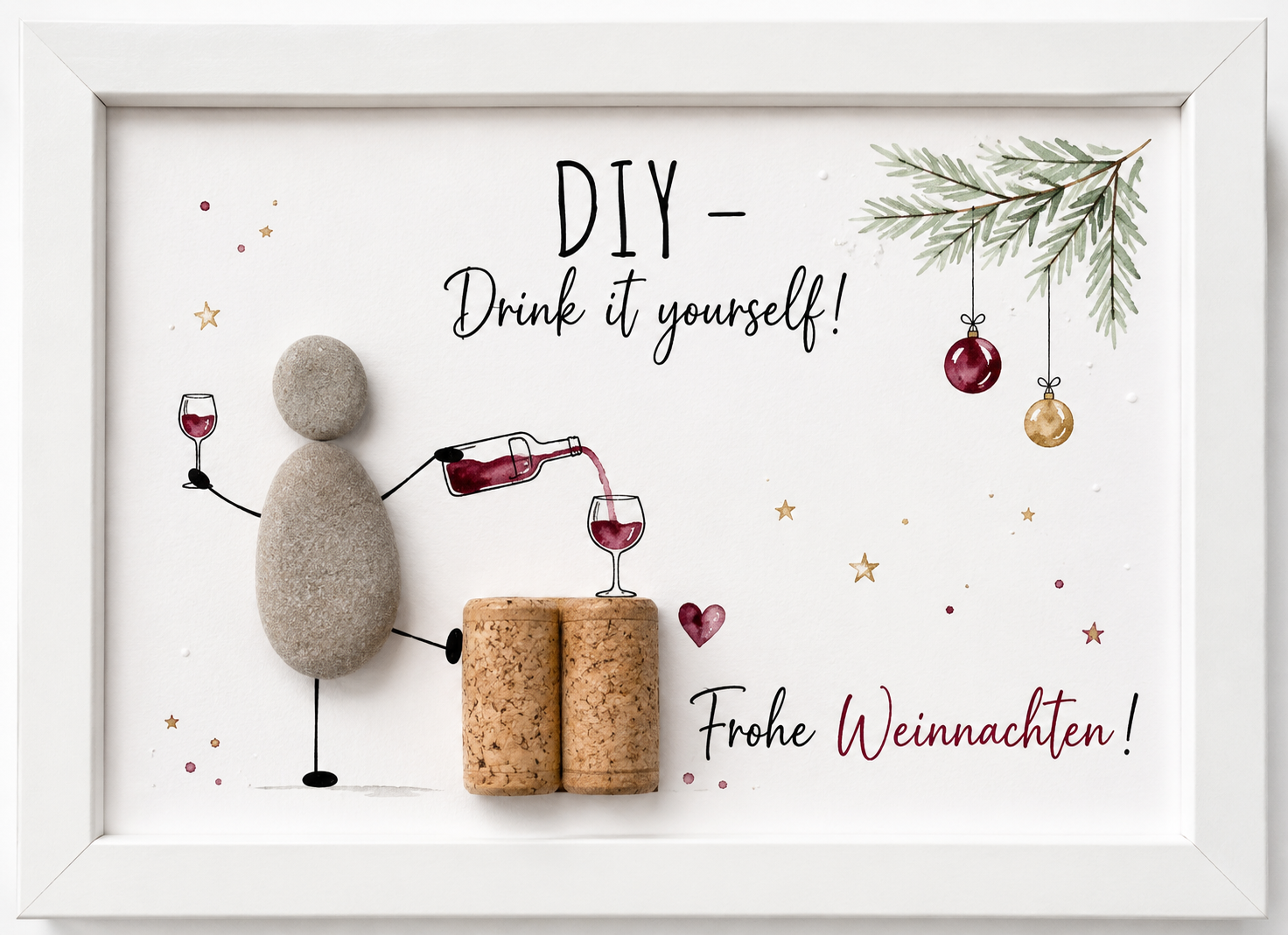 Kieselsteinbild DIY Drink it yourself Frohe Weihnachten – Weihnachtsgeschenk für Weinliebhaber, handgemachtes Steinbild