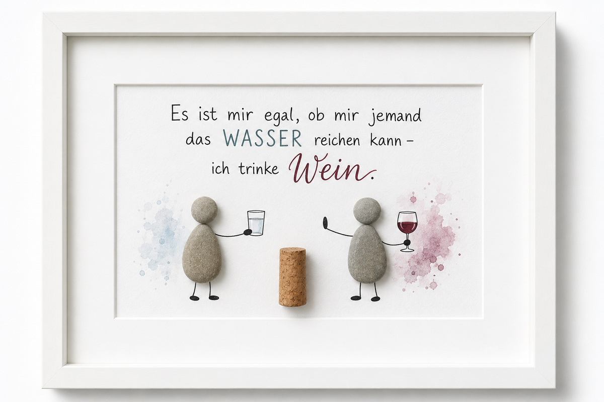 Kieselsteinbild Es ist mir egal ob mir jemand das Wasser reichen kann ich trinke Wein – Geschenk für Weinliebhaber, handgemachtes Steinbild