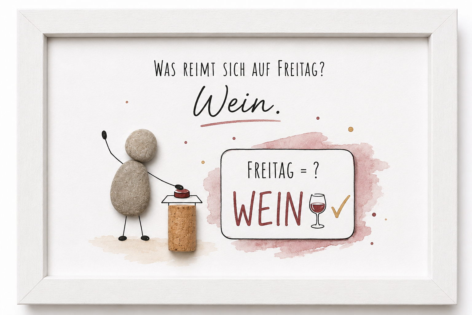 Kieselsteinbild Was reimt sich auf Freitag Wein – Geschenk für Weinliebhaber, handgemachtes Steinbild