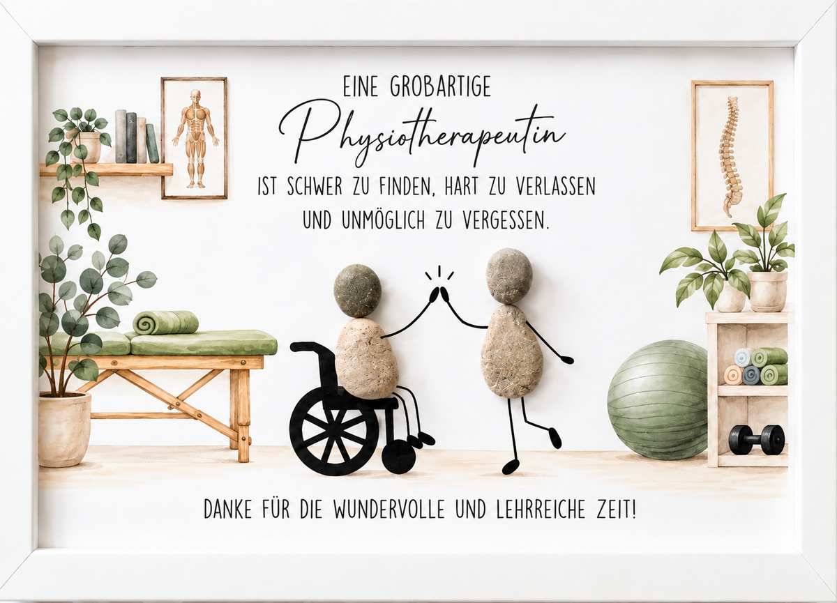 Kieselsteinbild Physiotherapeutin im Rollstuhl und Kieselsteinfigur beim High Five "Eine großartige Physiotherapeutin ist schwer zu finden, hart zu verlassen und unmöglich zu vergessen" – Dankeschön-Geschenk für die Physiotherapeutin, handgemachtes Steinbild