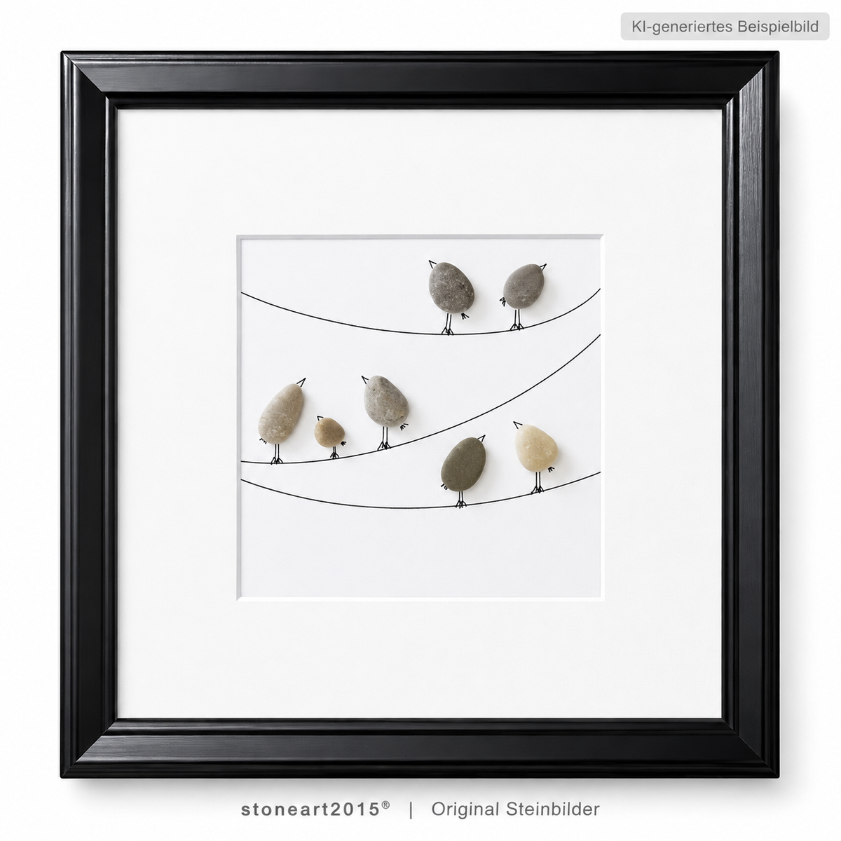 Kieselsteinbild Vögel auf Leine, On the Line – Wanddeko-Geschenk, handgemachtes Steinbild