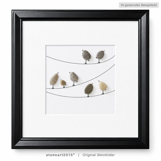 Kieselsteinbild Vögel auf Leine, On the Line – Wanddeko-Geschenk, handgemachtes Steinbild