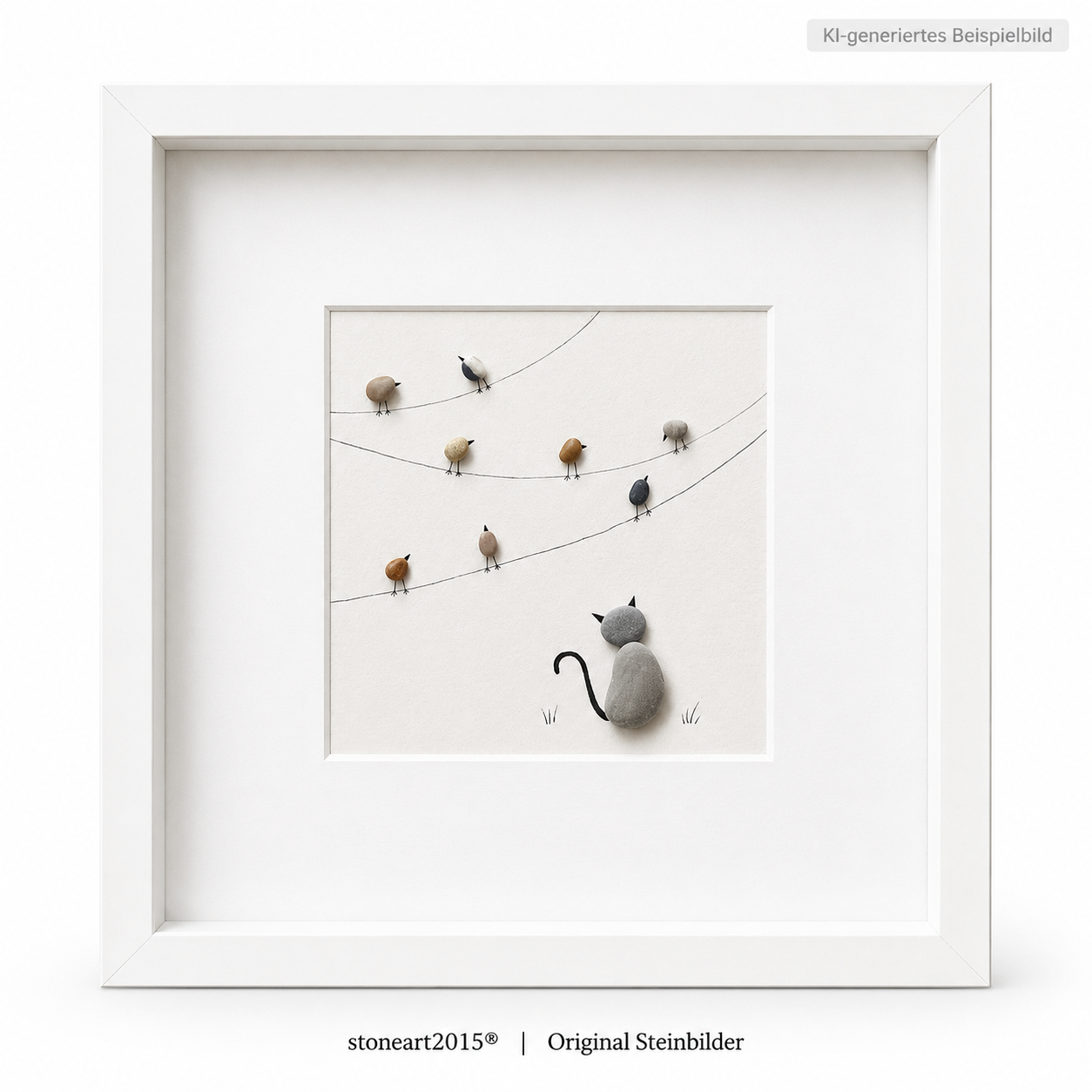 Kieselsteinbild Katze und Vögel auf Leine, On the Line Birdwatching – Wanddeko-Geschenk, handgemachtes Steinbild