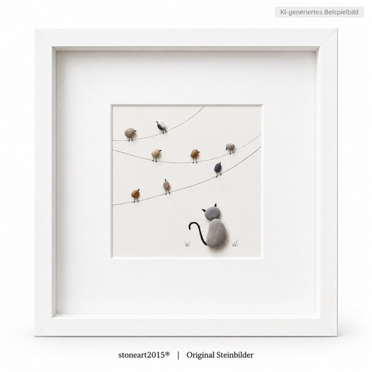 Kieselsteinbild Katze und Vögel auf Leine, On the Line Birdwatching – Wanddeko-Geschenk, handgemachtes Steinbild