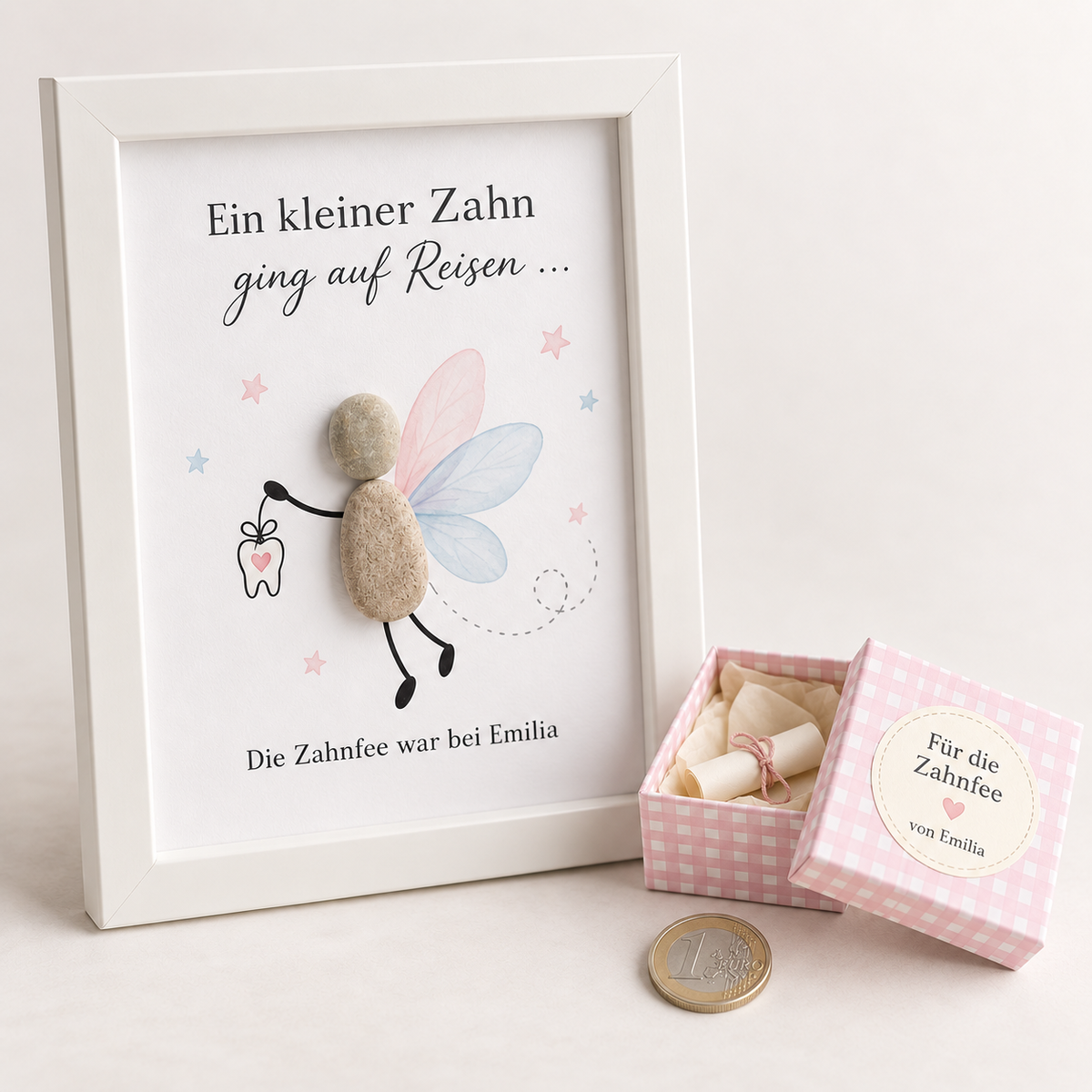 Kieselsteinbild Ein kleiner Zahn ging auf Reisen, rosa Box für die Zahnfee – personalisiertes Geschenk, handgemachtes Steinbild