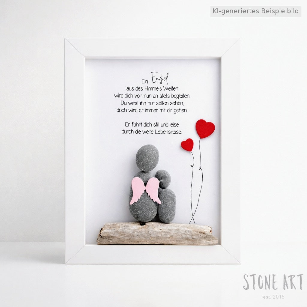 Kieselsteinbild Schutzengel „Ein Engel aus des Himmels Weite“ – Geschenk zur Taufe und Kommunion, handgemachtes Steinbild