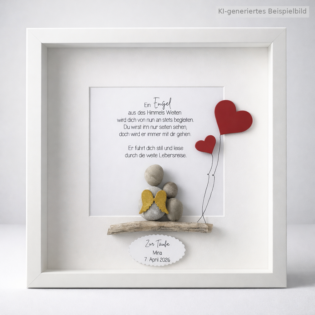 Kieselsteinbild Schutzengel „Ein Engel aus des Himmels Weite“ – Geschenk zur Taufe und Kommunion, handgemachtes Steinbild