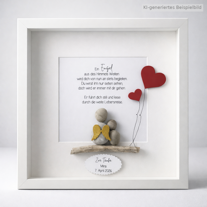 Kieselsteinbild Schutzengel „Ein Engel aus des Himmels Weite“ – Geschenk zur Taufe und Kommunion, handgemachtes Steinbild