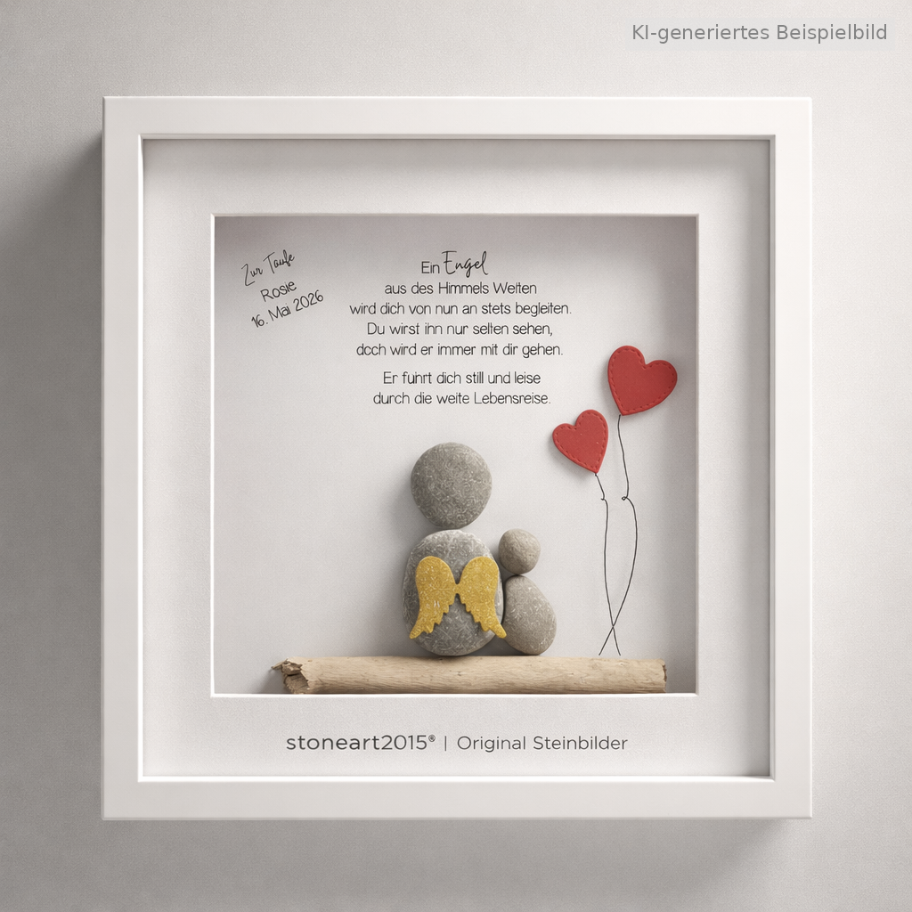 Kieselsteinbild Schutzengel „Ein Engel aus des Himmels Weite“ – Geschenk zur Taufe und Kommunion, handgemachtes Steinbild
