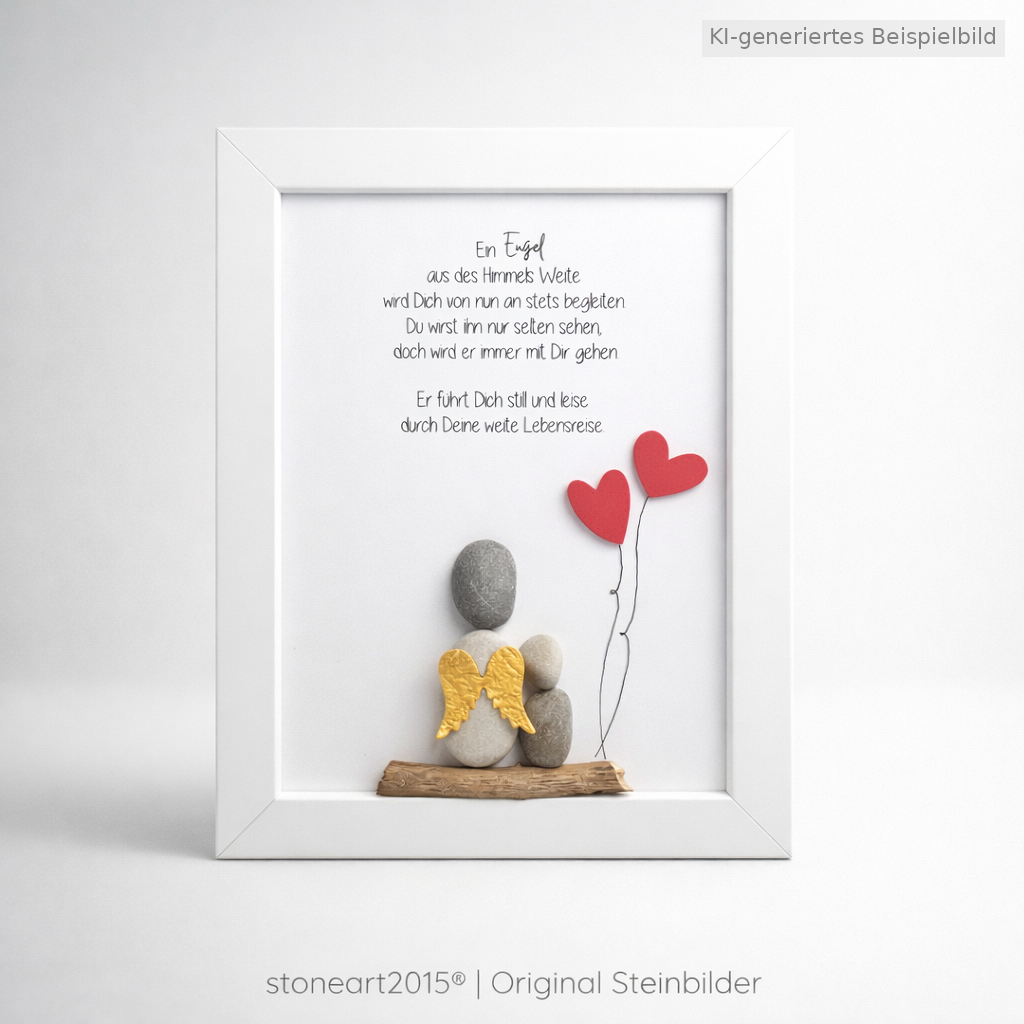 Kieselsteinbild Schutzengel „Ein Engel aus des Himmels Weite“ – Geschenk zur Taufe und Kommunion, handgemachtes Steinbild
