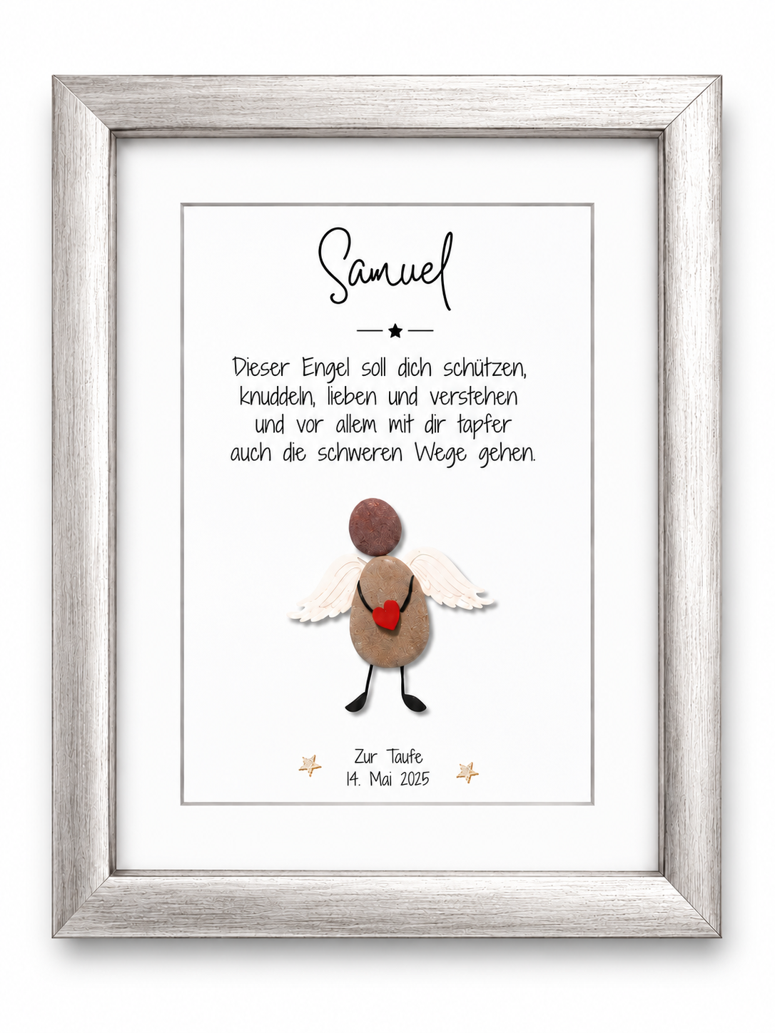 Handgemachtes Steinbild Schutzengel – Personalisiertes Geschenk zur Taufe & Geburt aus echten Kieselsteinen