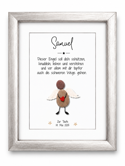 Handgemachtes Steinbild Schutzengel – Personalisiertes Geschenk zur Taufe & Geburt aus echten Kieselsteinen