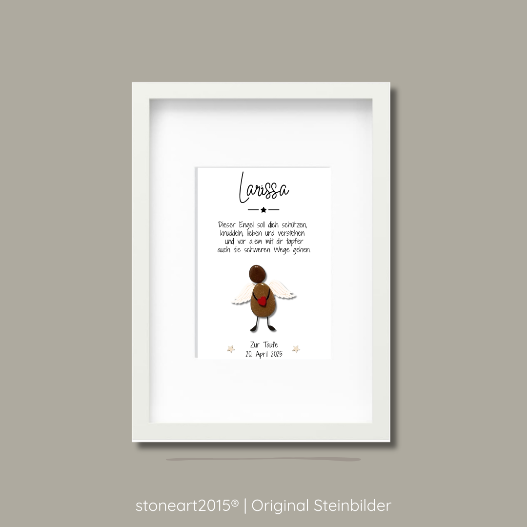 Handgemachtes Steinbild Schutzengel – Personalisiertes Geschenk zur Taufe & Geburt aus echten Kieselsteinen