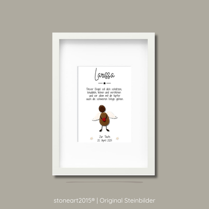 Handgemachtes Steinbild Schutzengel – Personalisiertes Geschenk zur Taufe & Geburt aus echten Kieselsteinen