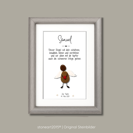 Handgemachtes Steinbild Schutzengel – Personalisiertes Geschenk zur Taufe & Geburt aus echten Kieselsteinen