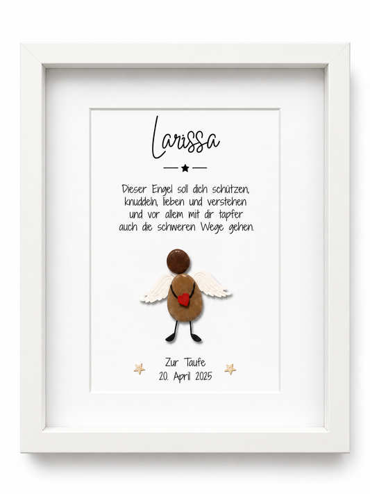 Handgemachtes Steinbild Schutzengel – Personalisiertes Geschenk zur Taufe & Geburt aus echten Kieselsteinen