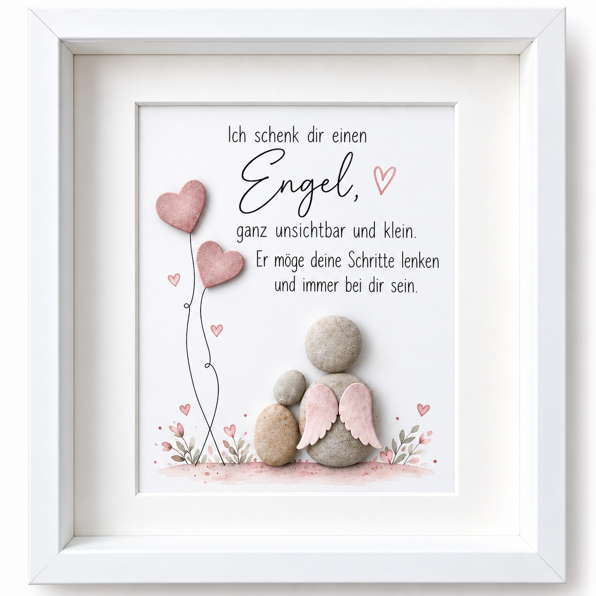 Kieselsteinbild Schutzengel mit rosa Herzen und Flügeln „Ich schenk dir einen Engel, ganz unsichtbar und klein“ – Schutzengel-Geschenk zur Taufe, handgemachtes Steinbild