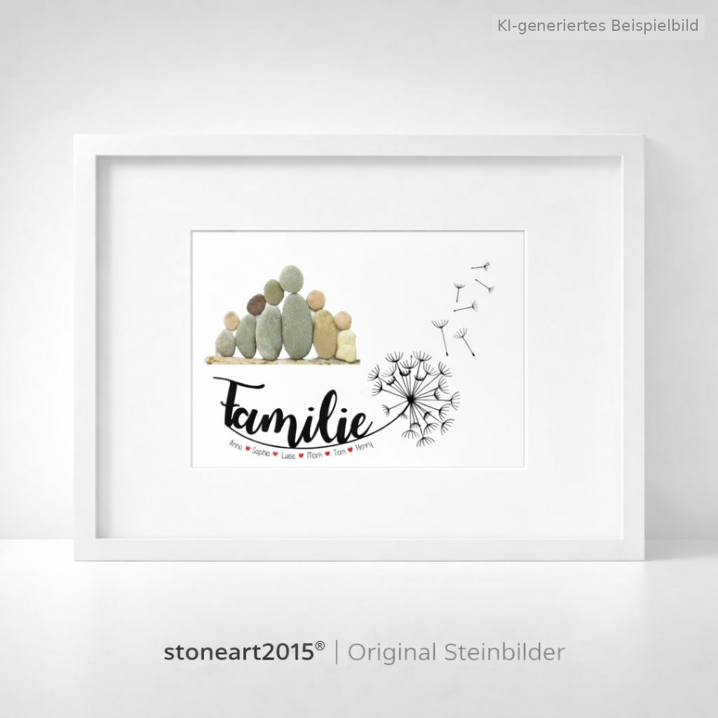 Kieselsteinbild Familie – Pusteblume – Familiengeschenk, handgemachtes Steinbild