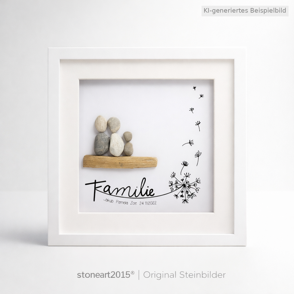 Kieselsteinbild Familie – Pusteblume – Familiengeschenk, handgemachtes Steinbild