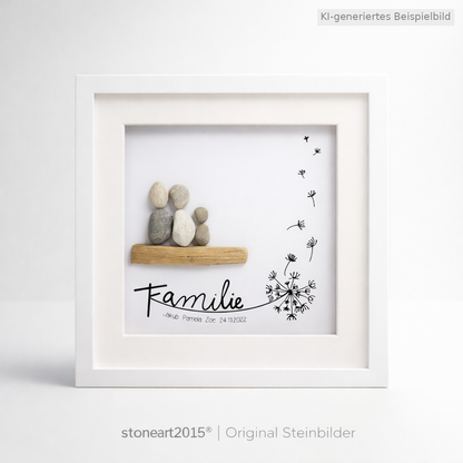 Kieselsteinbild Familie – Pusteblume – Familiengeschenk, handgemachtes Steinbild