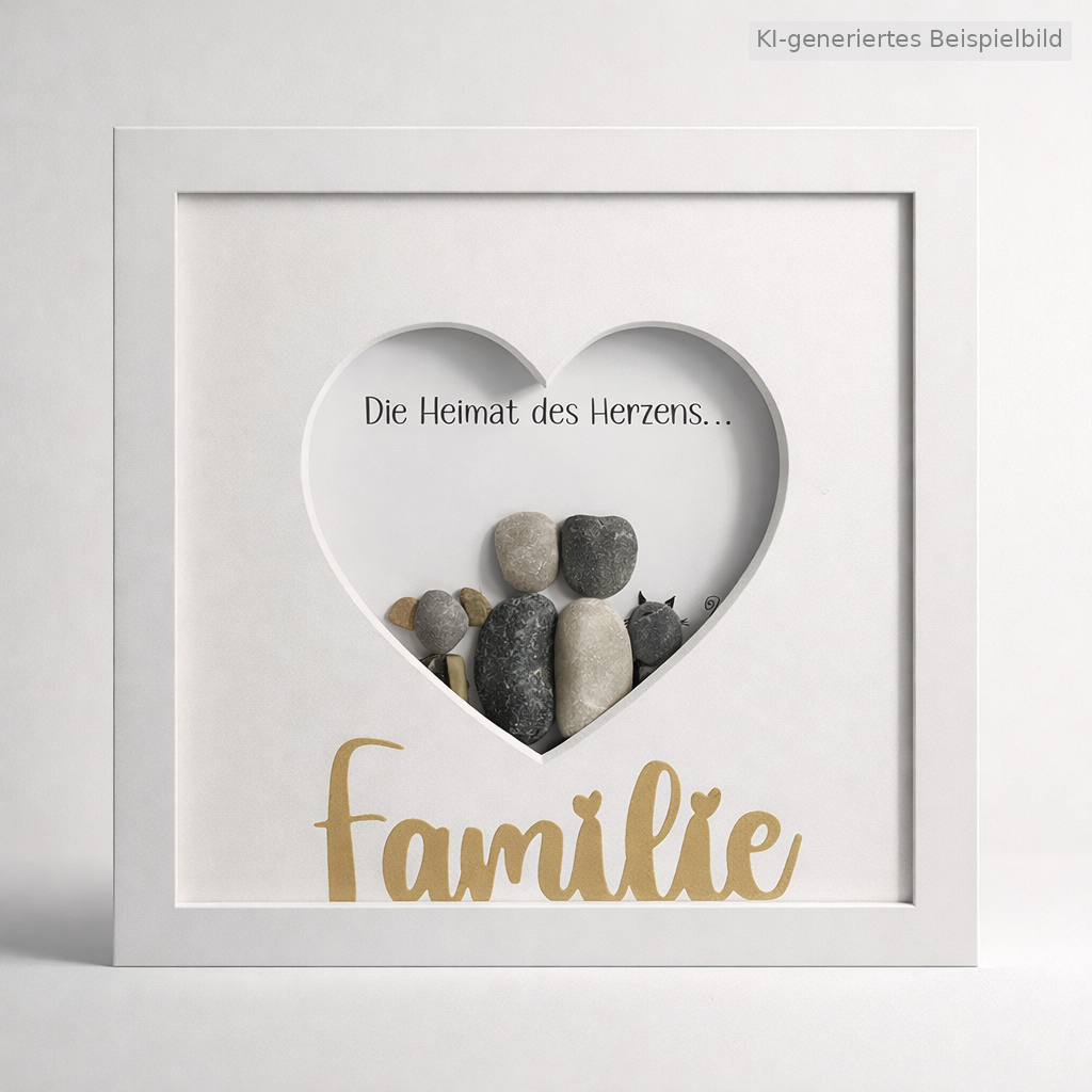 Kieselsteinbild Die Heimat des Herzens ist Familie – Familiengeschenk, handgemachtes Steinbild