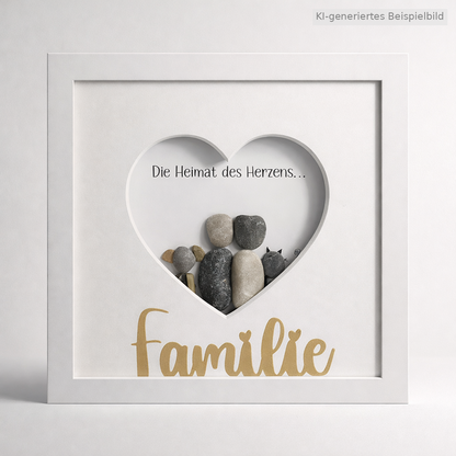 Kieselsteinbild Die Heimat des Herzens ist Familie – Familiengeschenk, handgemachtes Steinbild