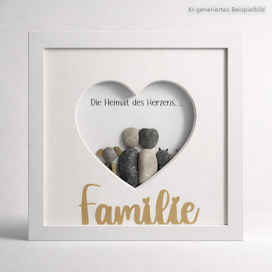 Kieselsteinbild Die Heimat des Herzens ist Familie – Familiengeschenk, handgemachtes Steinbild