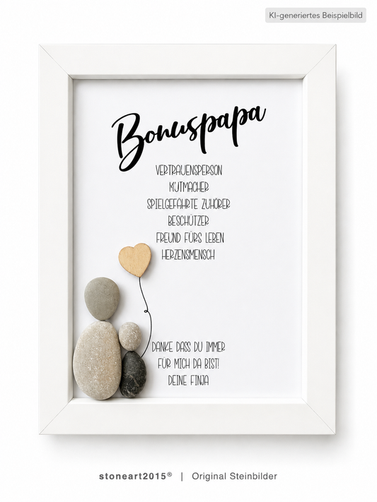 Kieselsteinbild Bonuspapa – Geschenk für Bonuspapa & Stiefvater, handgemachtes Steinbild