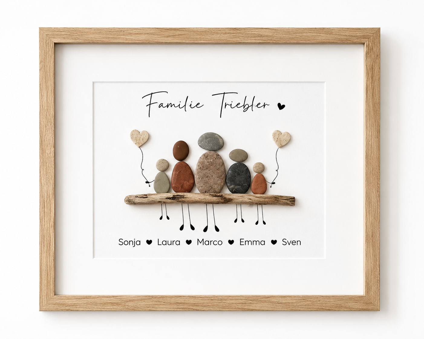 Kieselsteinbild Familie mit Namen und Herzluftballons – personalisiertes Familiengeschenk, handgemachtes Steinbild
