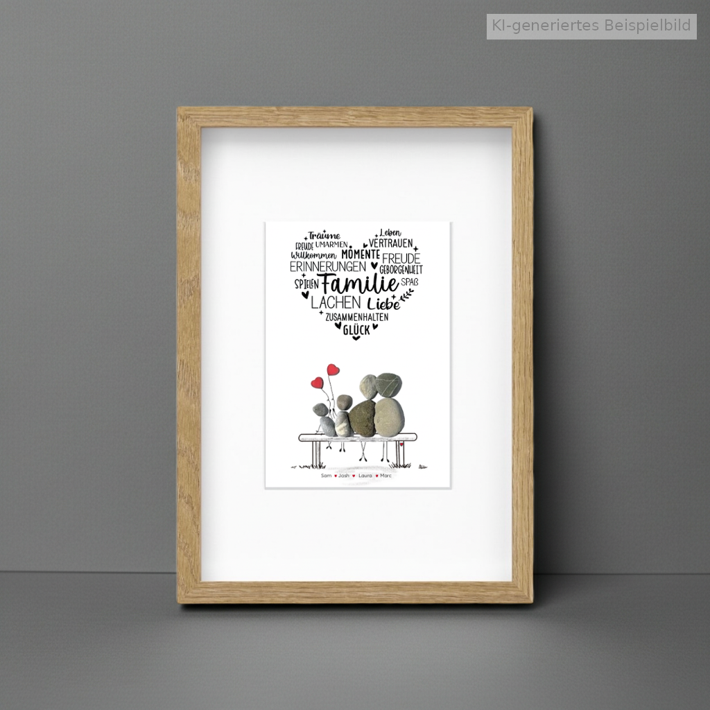 Kieselsteinbild Familie mit Herz – Geschenk für Familien, handgemachtes Steinbild