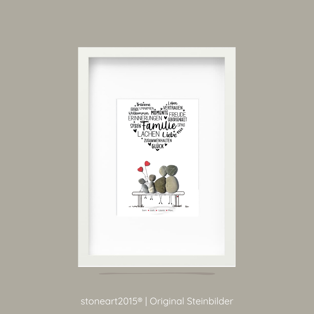 Kieselsteinbild Familie mit Herz – Geschenk für Familien, handgemachtes Steinbild