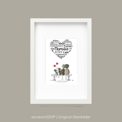 Kieselsteinbild Familie mit Herz – Geschenk für Familien, handgemachtes Steinbild