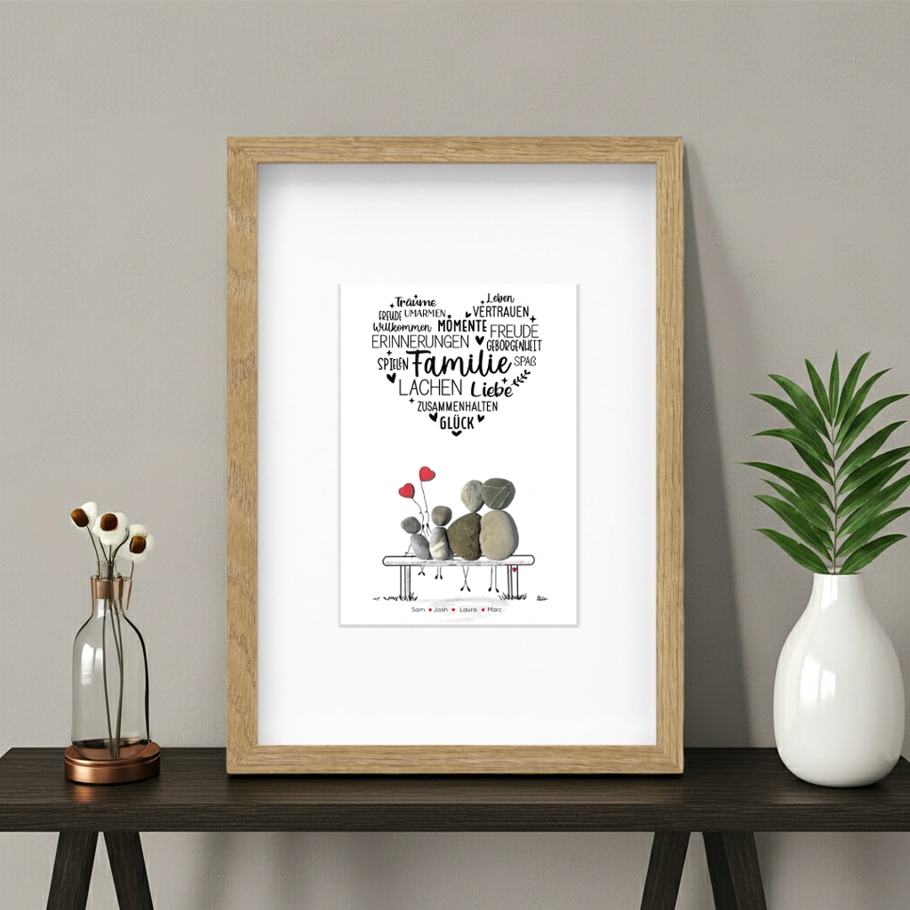 Kieselsteinbild Familie mit Herz – Geschenk für Familien, handgemachtes Steinbild