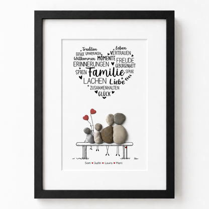 Kieselsteinbild Familie mit Herz – Geschenk für Familien, handgemachtes Steinbild