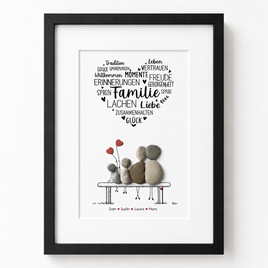 Kieselsteinbild Familie mit Herz – Geschenk für Familien, handgemachtes Steinbild