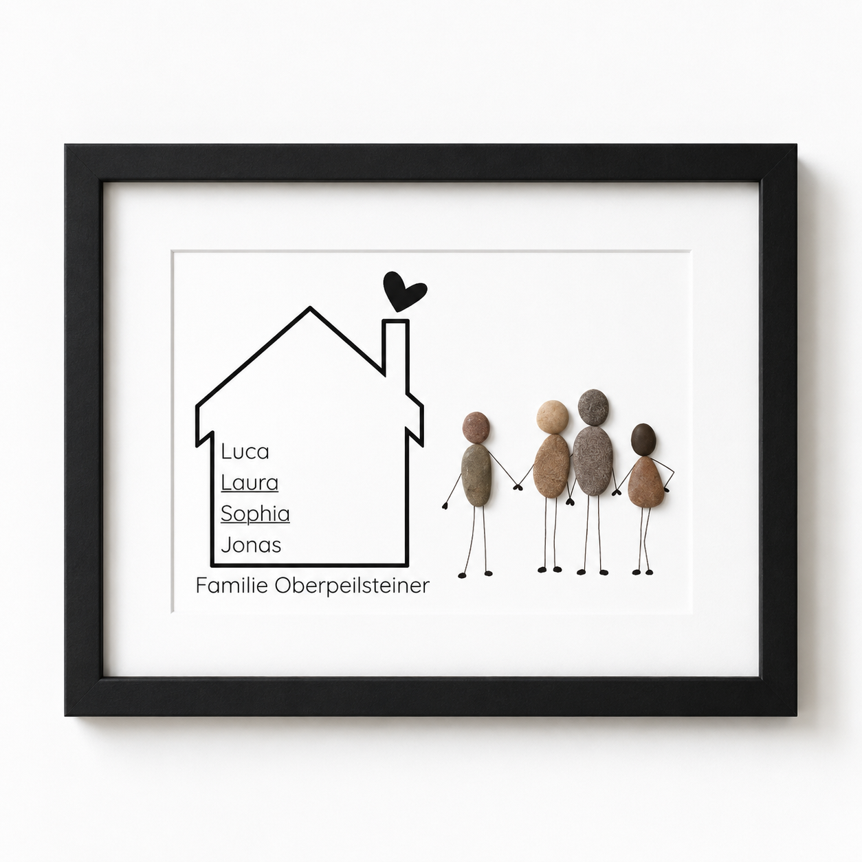 Kieselsteinbild Familie mit Haus und Namen – personalisiertes Familiengeschenk, handgemachtes Steinbild