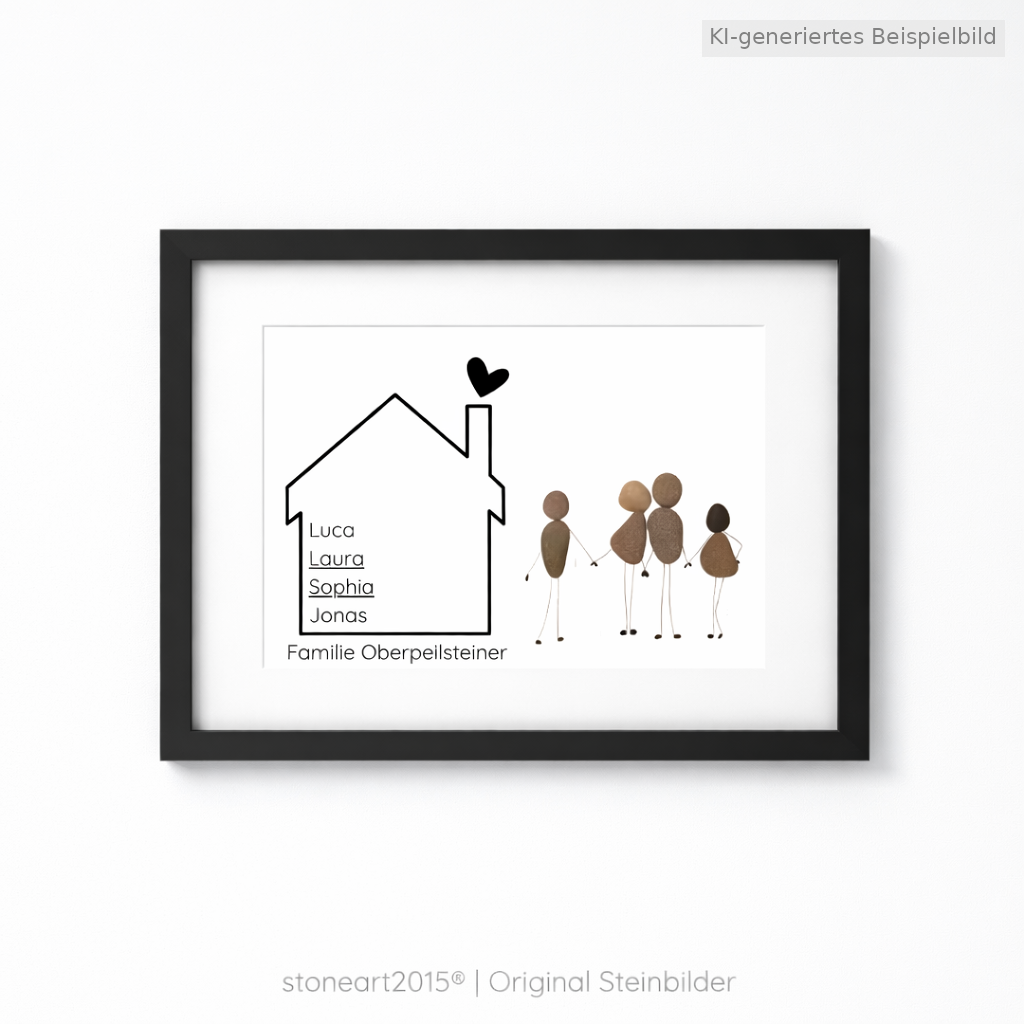 Kieselsteinbild Familie mit Haus und Namen – personalisiertes Familiengeschenk, handgemachtes Steinbild