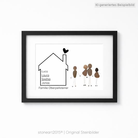 Kieselsteinbild Familie mit Haus und Namen – personalisiertes Familiengeschenk, handgemachtes Steinbild
