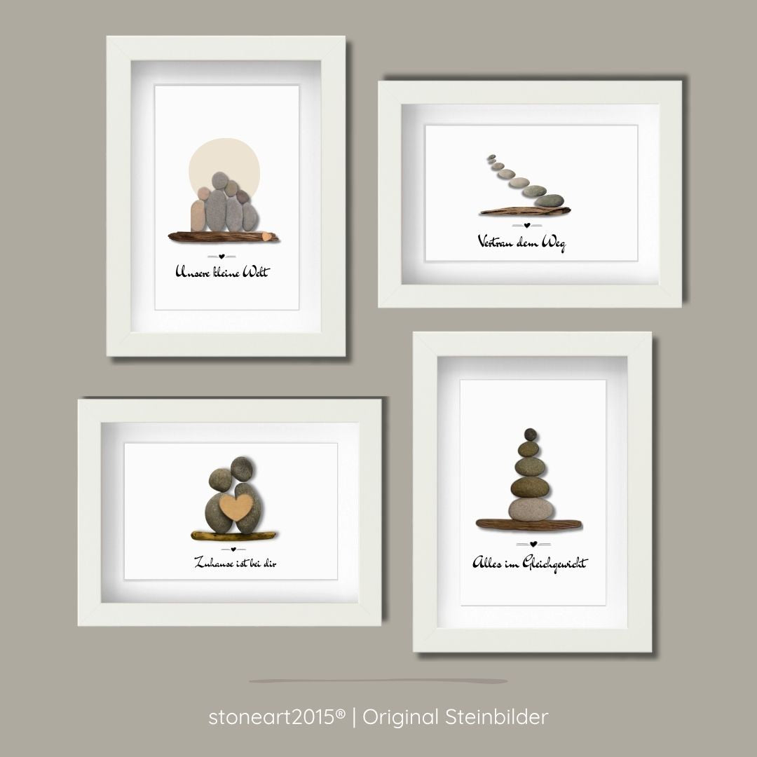 Handgemachte Steinbilder Set 13x18 cm – Familie, Liebe, Balance & Lebensweg aus echten Kieselsteinen